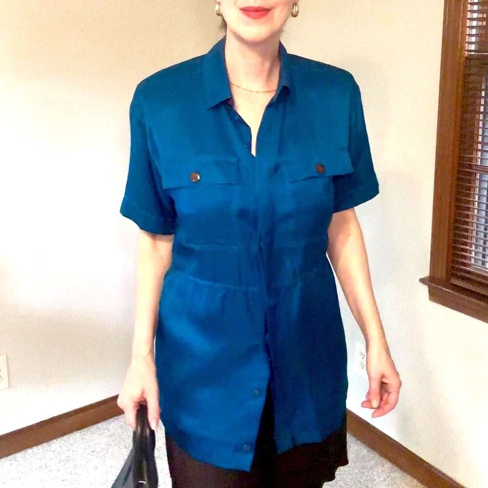 Vintage 90s Maggy London Blue Silk Blouse | Minimalist Button Utility Shirt Sz 6